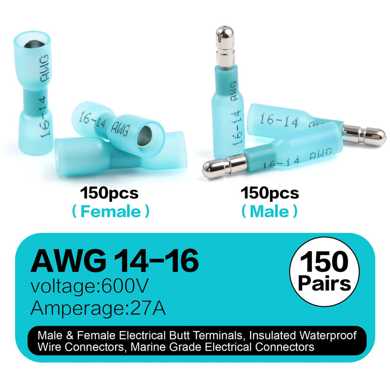 300 PCS Heat Shrink Bullet Connectors kit - Male & Female Electrical Butt Terminals, Insulated Waterproof Wire Connectors, Marine Grade Electrical Connectors - Blue 16-14 AWG Blue-AWG 16-14