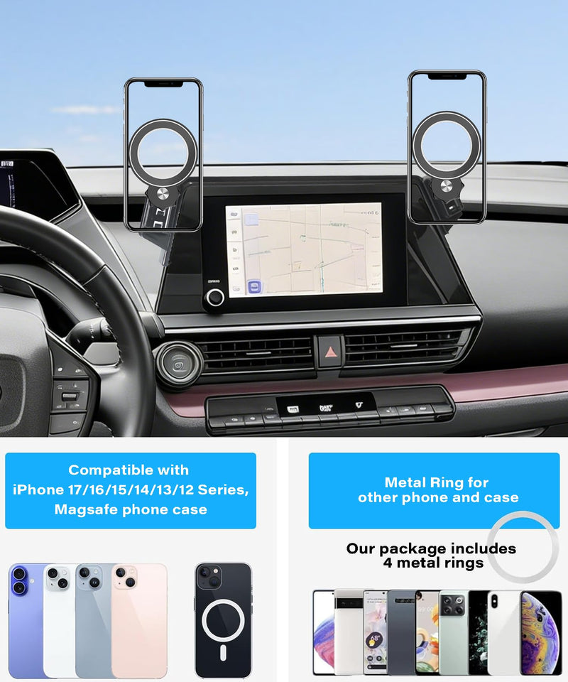 Car Phone Holder for Toyota Prius 2023 2024 2025 2026 8" Screen Accessories | MagSafe Strong Magnetic Clip-On Cell Phone Mount, Dual Slots for Driver & Passenger, 360° Rotatable Hands-Free Holders for 2023-2026 Prius (8" Screen DUAL SLOTS HOLDERS)