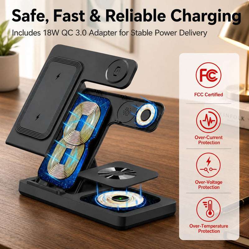 3 in 1 Charging Station,Wireless Charger iPhone Charger Stand Multiple Devices for iPhone 17-8 Series,Apple Watch 11-2 SE and Ultra Series, Airpods 4 3 Pro black