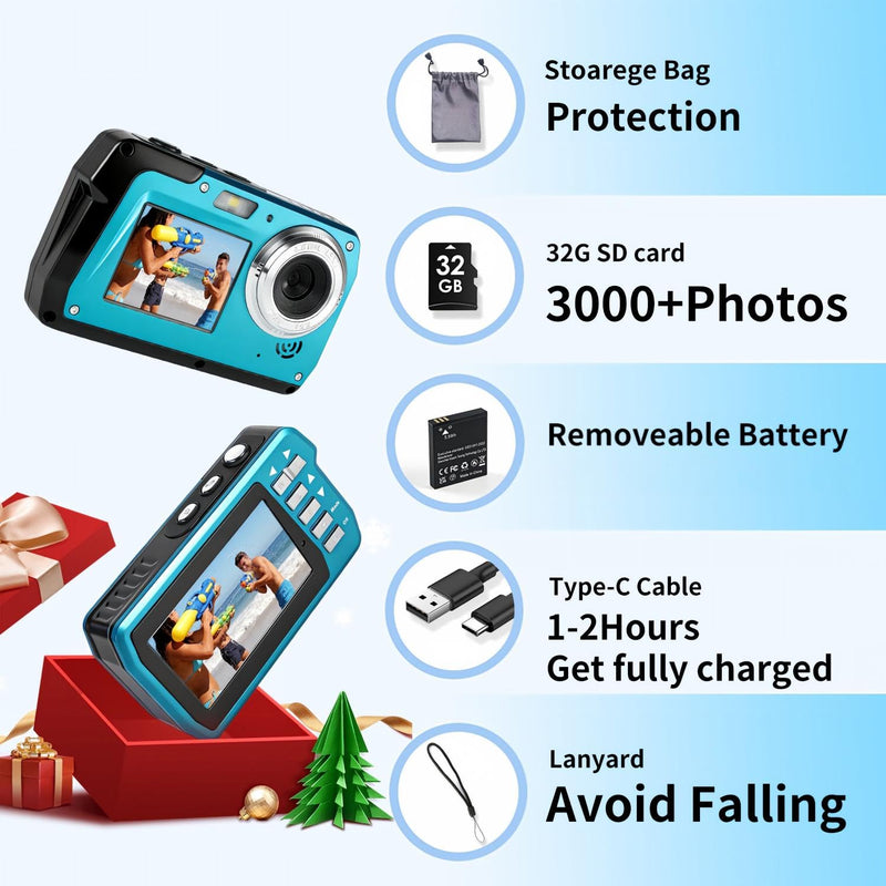 Underwater Camera 4K 48MP, Dual-Screen Waterproof Digital Camera, 10.83FT Dive for Swimming Travel, 16X Zoom Fill Light, 32GB Card, Blue