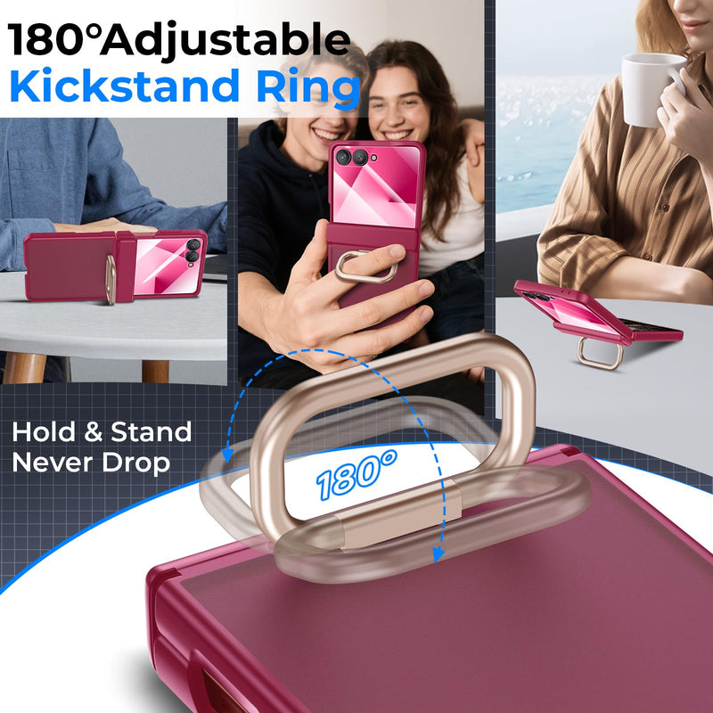 Kaiiecal for Samsung Galaxy Z Flip 7 Case with Ring [Anti-Yellowing][Built-in Screen Protector][Hinge Protection] Translucent Matte Shockproof Protective Slim Case for Galaxy Z Flip 7(Magenta) Magenta