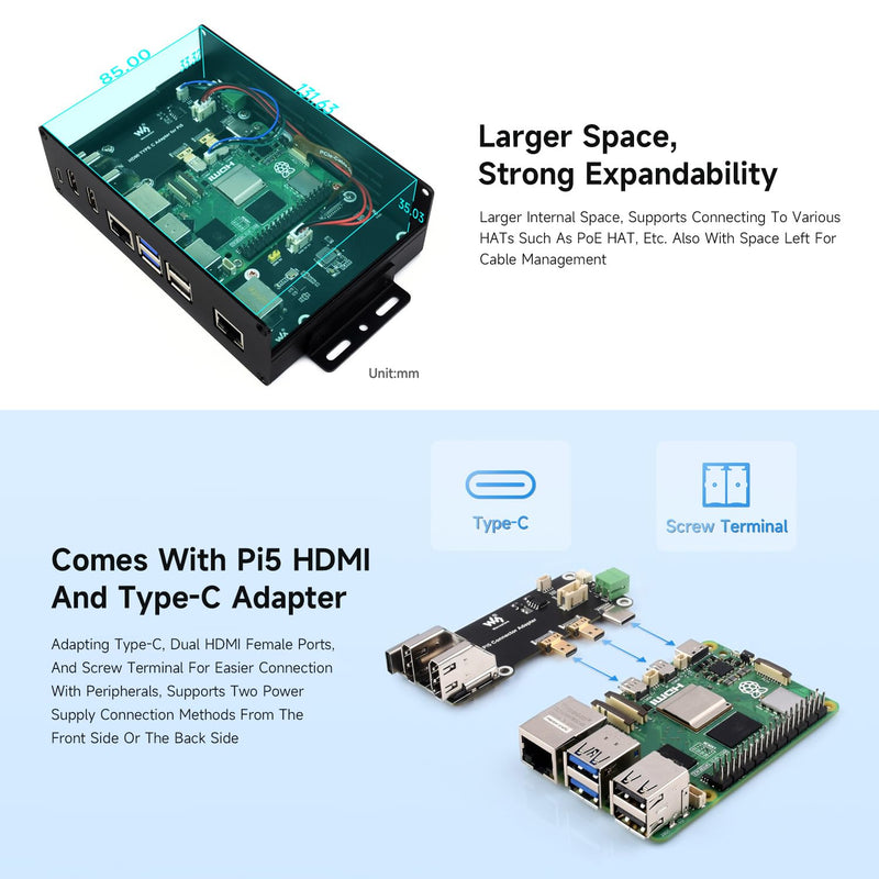 Waveshare Multi-Functional All-in-One Mini-Computer Kit, Compatible with Raspberry Pi 5, Aluminum Alloy Case, Comes with PCIe to 4-ch USB 3.2 Gen1 Adapter