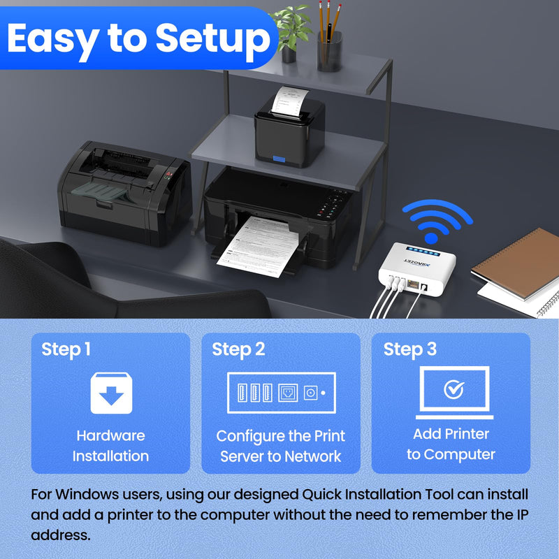 Wireless Print Server for Sharing 3 USB Printers Over Local Network, Easy Setup, Supports Image and Text Printing, Compatible with All RAW and IPP-Supported Printers LK300W. 3 USB Port