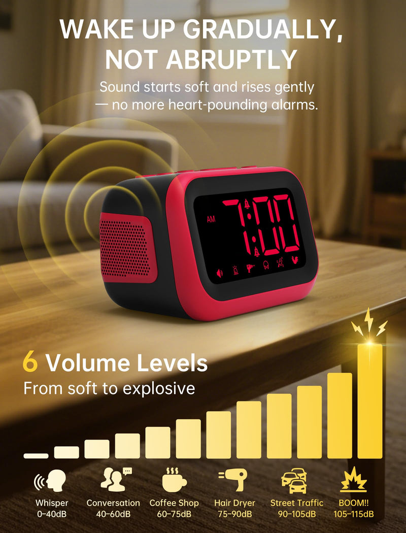 Loud Alarm Clock for Heavy Sleepers: 115dB Dual Alarms with 6 Unique Sounds for Bedroom Dorm Room Use - On-Time Wake Up for Teen College Students - Red Red - Red Digits