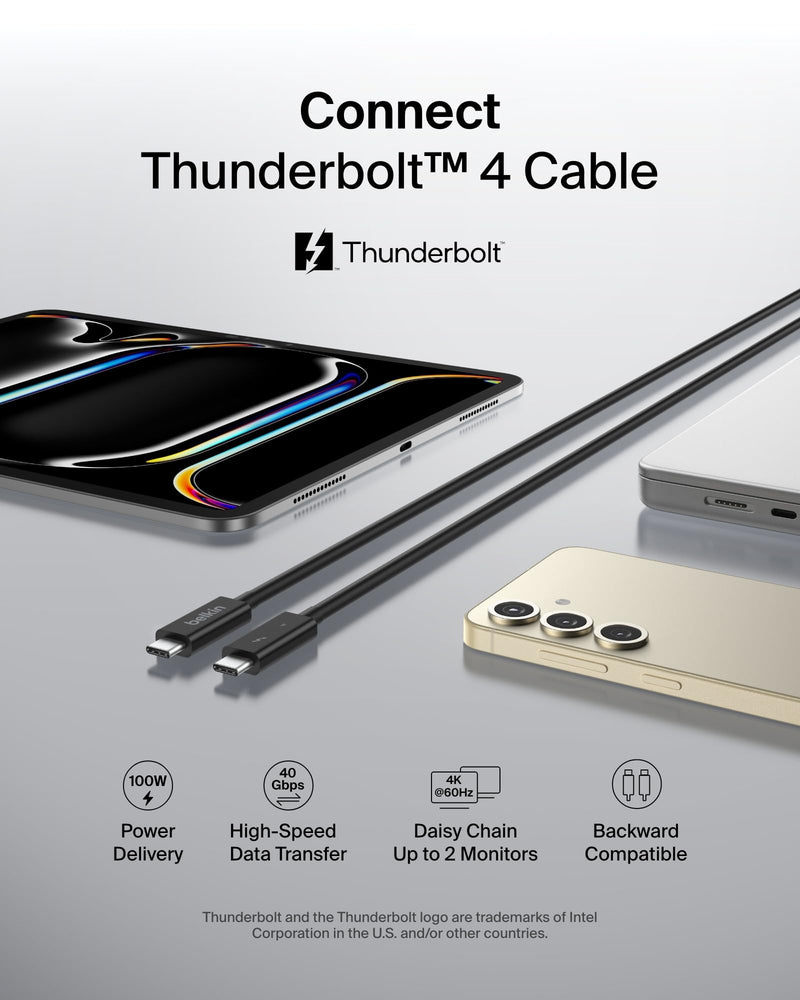 Belkin Thunderbolt 4 Cable (1M, 3.3ft Power Cable), USB-C to USB-C Cable w/ 100W Power Delivery, USB 4 Compliant, Compatible with Thunderbolt 3, MacBook Pro, eCPU & More - Intel Thunderbolt Certified 1M 1M Cable Length