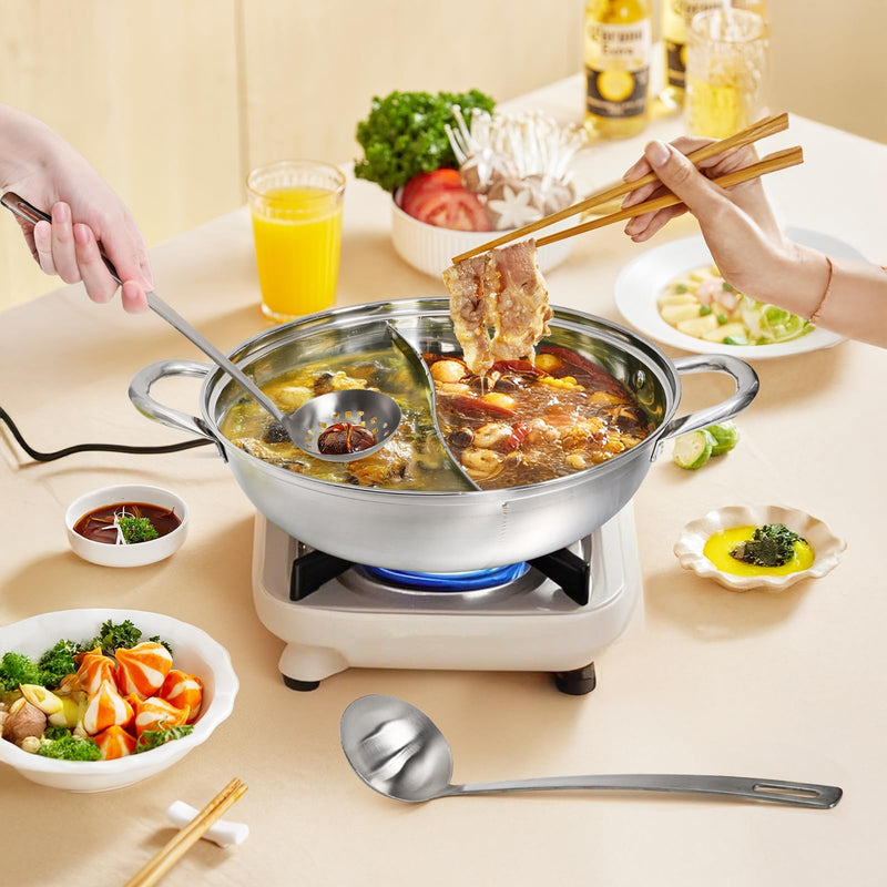 Peohud 304 Stainless Steel Hotpot Pot with Divider, 12 Inches Double-flavor Shabu Shabu Pot with Ladle and Slotted Spoon, Dual Sided Soup Cookware for Induction Cooktop Gas Stove
