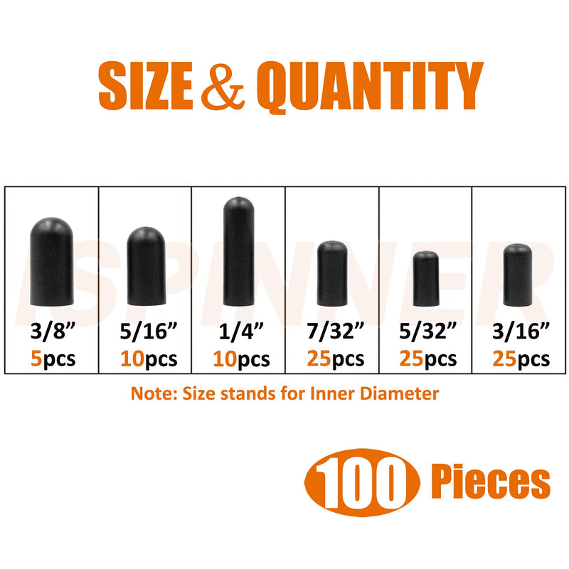 ISPINNER 100pcs Rubber Vacuum Caps Assortment Kit, Hose End Caps for Carburetor, Manifold, Automotive 3/16" 5/32" 7/32" 1/4" 5/16" 3/8" 100