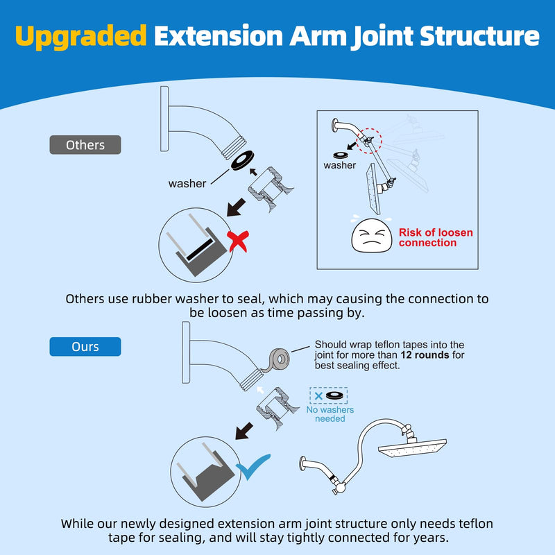 Hibbent All Metal 12 Inch Brass Adjustable Shower Head Extension Arm with Shower Arm Diverter Valve, G 1/2 3-Way Bathroom Universal Shower System Replacement Part, Shower Arm Extender, Chrome