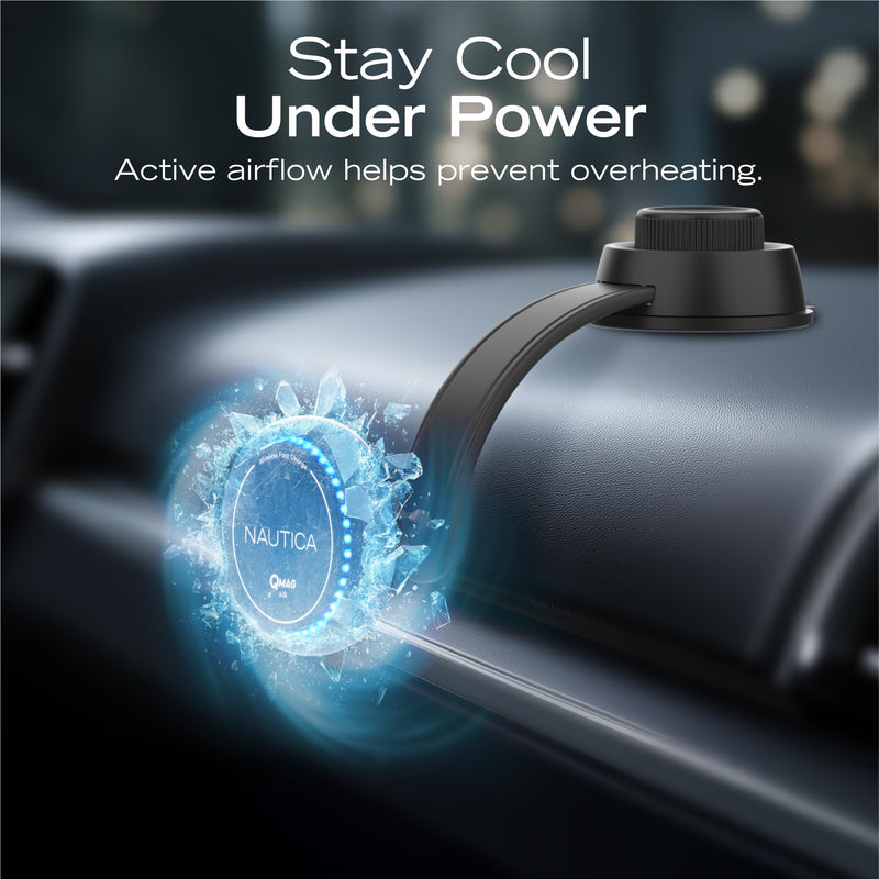Nautica Turan QMAG Air - Wireless Magnetic Car Charger 15W with Cooling Fan and Ambient Light, Includes 4ft USB C Cable, Universal Phone Mount for iPhone 17, 16, Galaxy S25, S24, Pixel 10 and More