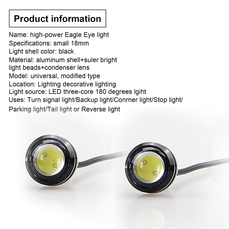 LEADTOPS 10Pcs 18mm 12V Eagle Eye LED Car Fog DRL Daytime Running Light Backup Reverse Tail Rock Lights Small bulb (White, Black Case) White light