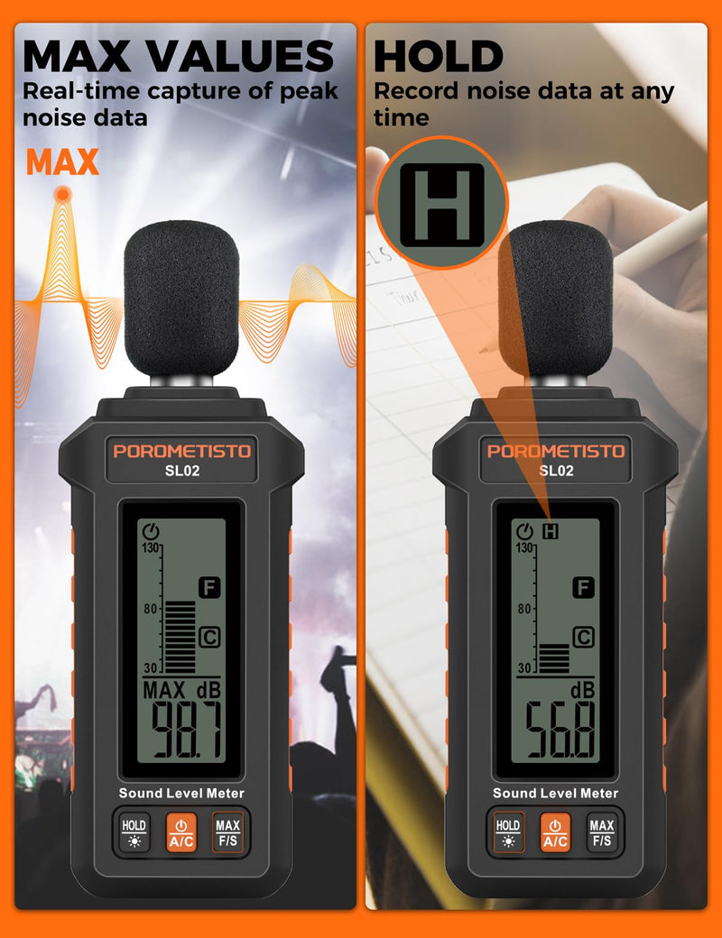 Sound Level Meter, POROMETISTO 30-130dB Noise Decibel Meter with A/C Weighted, ±1.5dB Accuracy, Data Hold, SPL Tester for Home, Factory, Office & Noisy Neighbors