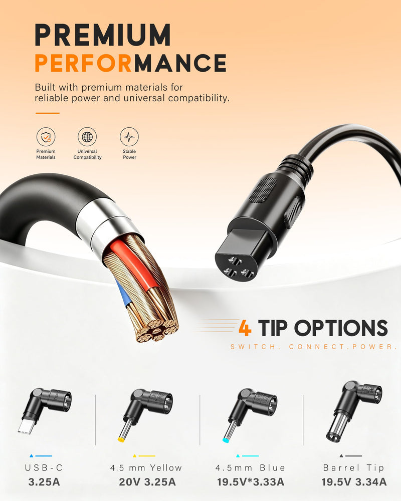 Universal 65W USB C Laptop Charger, 4-in-1 with 3 Round Tips AC Adapter | Compatible with HP chromebook Lenovo Dell Acer Asus Samsung Google Computer Type C Power AC Adapter