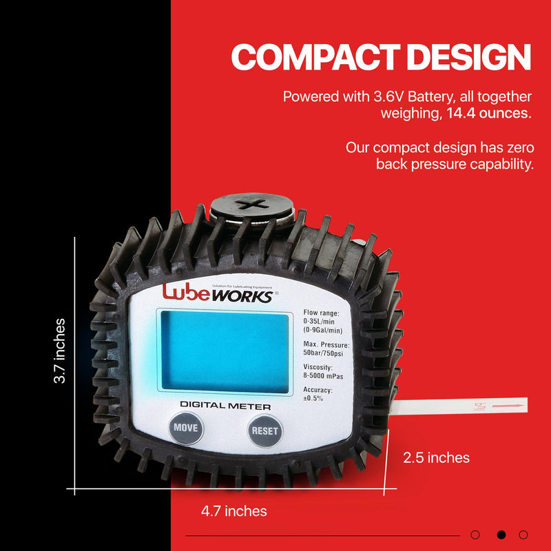 Oil Control Meter Digital 1-35lpm / 1-10gpm Heavy Duty 3V Batter Powered for Motor, Synthetic Hydraulic, Gear Oil, Transmission Fluid in Liter, Gallon, Pint and Quart (Meter Only)