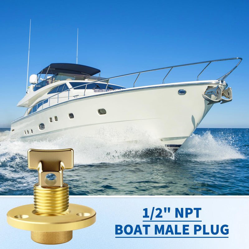 Boltigen Solid Brass Garboard Drain Plug Kit, 1/2" NPT Threaded Thru-Hull Transom Drain Plug, Marine Grade Anti-Corrosion Watertight Boat Hull Drain Plug