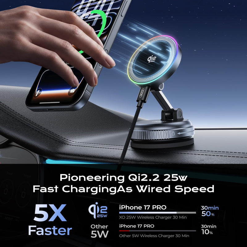 Qi2.2 Magnetic Car Mount Charger,25W Fast Wireless Charging Stand with RGB Light,360° Rotating Suction Phone Holder for Your Car,Compatible with iPhone 12-17,S26/S25