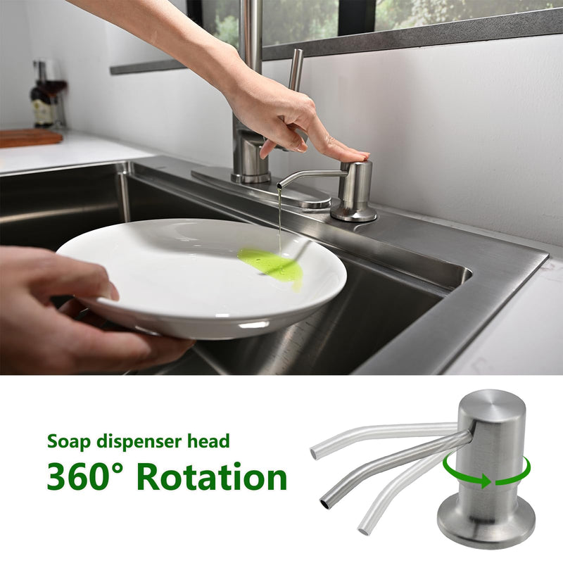 Built in Soap Dispenser for Kitchen Sink, Stainless Steel Brushed Nickel Countertop Pump Head, Dish Soap Hand Lotion Dispenser with Refillable 16.9oz Bottle