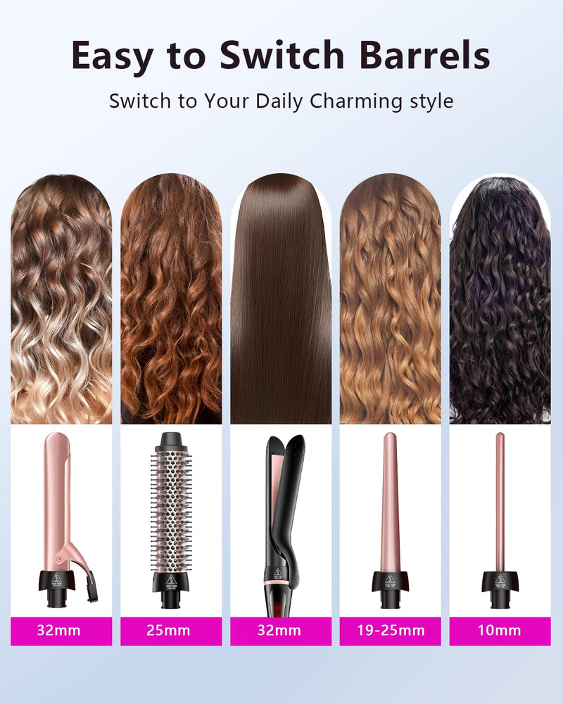 5 in 1 Curling Iron, Curling Wand Set with Thermal Brush Flat Iron Hair Straightener Interchangeable Ceramic Barrels (0.35"-1.25") Instant Heat Up for Waves Dual Voltage Hair Curler, Gifts for Women