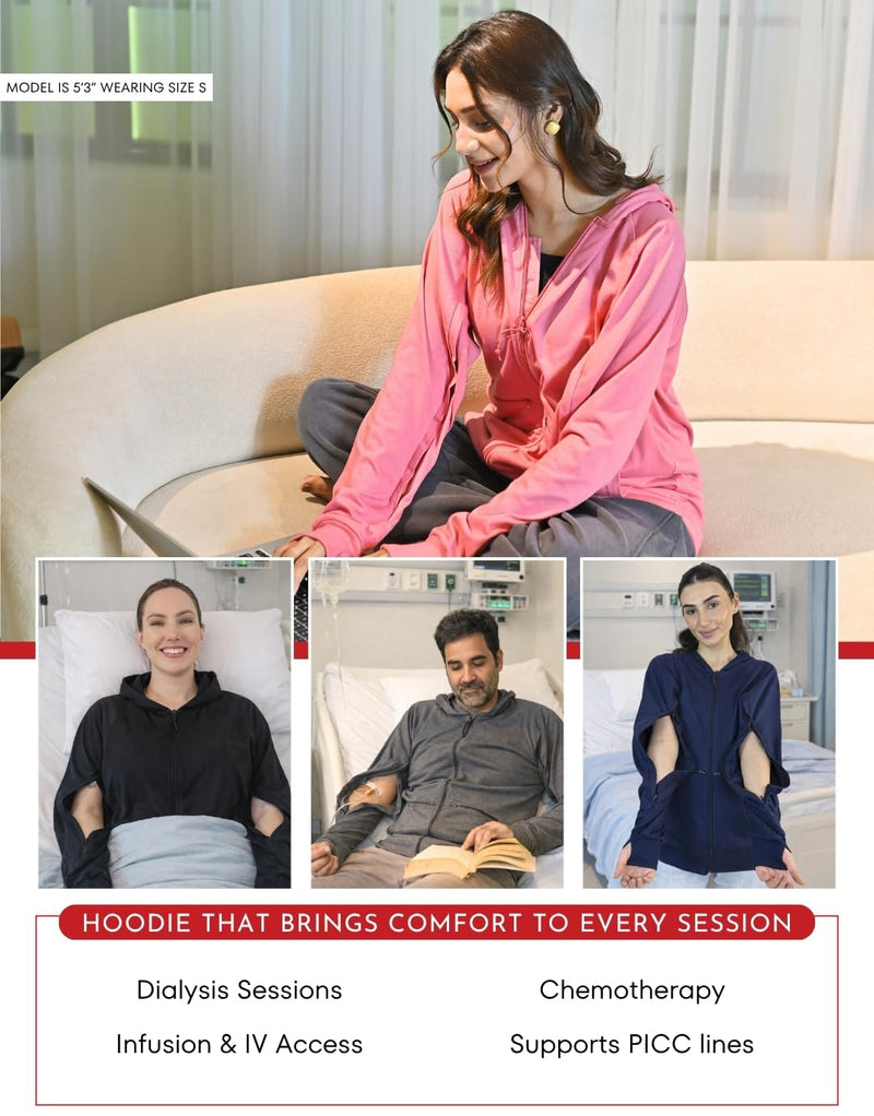 Inspired Comforts Unisex Dialysis & IV Access Hoodie – Dual Arm Zippers, Thumbhole Sleeves & Pockets Black Medium