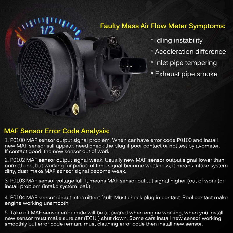 FAERSI Mass Air Flow Sensor Meter MAF 06A906461A 861005 0280218002 Replacement for Volkswagen 1999 2000 2001 VW Golf J-etta; 1998 1999 2000 2001 VW Beetle; 2003 VW Golf