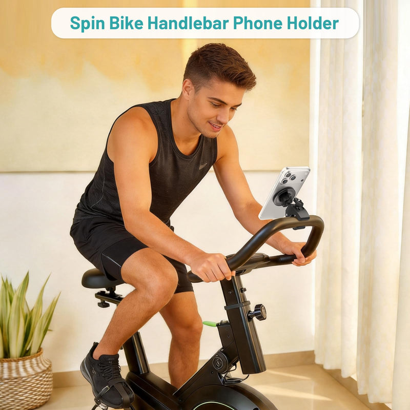Magnetic Stroller Phone Holder Clamp Mount,20 x N52 Strong Dual Magnets | Handlebar Mount for Treadmill/Peloton/Spin Bike/Gym/Shopping/Golf Carts, Compatible with MagSafe iPhone 12–17 & Android