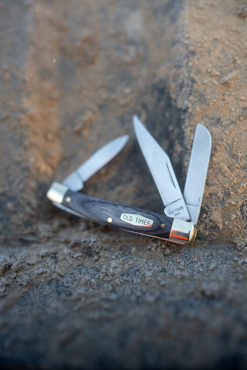Old Timer Heritage Pocket Knife 2.4" Clip Point D2 Tool Steel Polished Blade Laminated Wood Handle Black/Gray