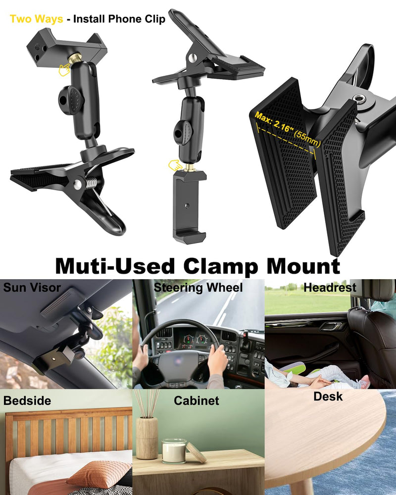 Sun Visor Car Phone Mount, Upgrade Durable All Metal Phone Holder | Car Visor Accessories for Women Men, 360° Adjustable Arm Visor Cell Phone Clip for iPhone 17 16 15 14 Pro Max, Galaxy, 4-7"