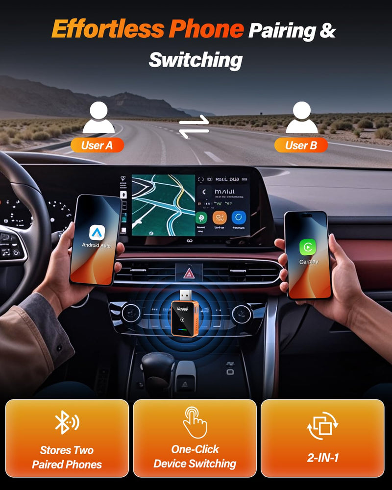 2 in 1 Wireless CarPlay and Android Auto Adapter, One-tap Switch for iPhone & Android, 3s Fast Auto-Connect, Converts Wired to Wireless, Plug & Play for iOS 12+, Cars 2016+ Blue