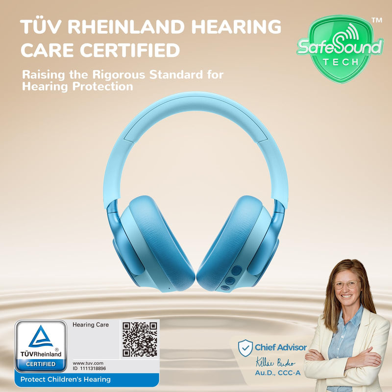 iClever Q950 Hearing Care Certified Noise Cancelling Headphones for Kids | SafeSound Tech 3.1, TÜV Certified, Sensory Inclusive for Autism, Red Dot Award Winner, 60H Playtime, Storage Case for Travel Blue