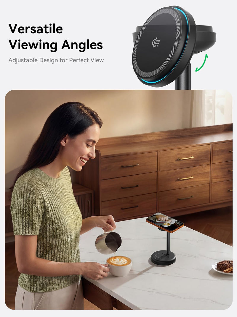 Qi2.2 25W Wireless Charger Stand with Cooling Fan & LED Light | 2-in-1 Fast Charging Station for iPhone 17/16/15/14/13/12 & AirPods, 5ft Cable, Nightstand & Desk, 45W Adapter Included With 45W Adapter