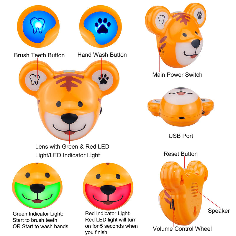 Musical Timer for Kids, Rechargeable Battery 2 Minute Toothbrush Timer and 20 Seconds Bathroom Hand Wash Timers with LED Color Light, 3 Volume Options Musical Timers for Children Tiger Shape Tiger Timer