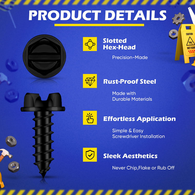 Tandefio 100 Pieces License Plate Screws #14 x 3/4" Slotted Hex Head Carbon Steel License Plate Security Screws for Car Dealers (Black)