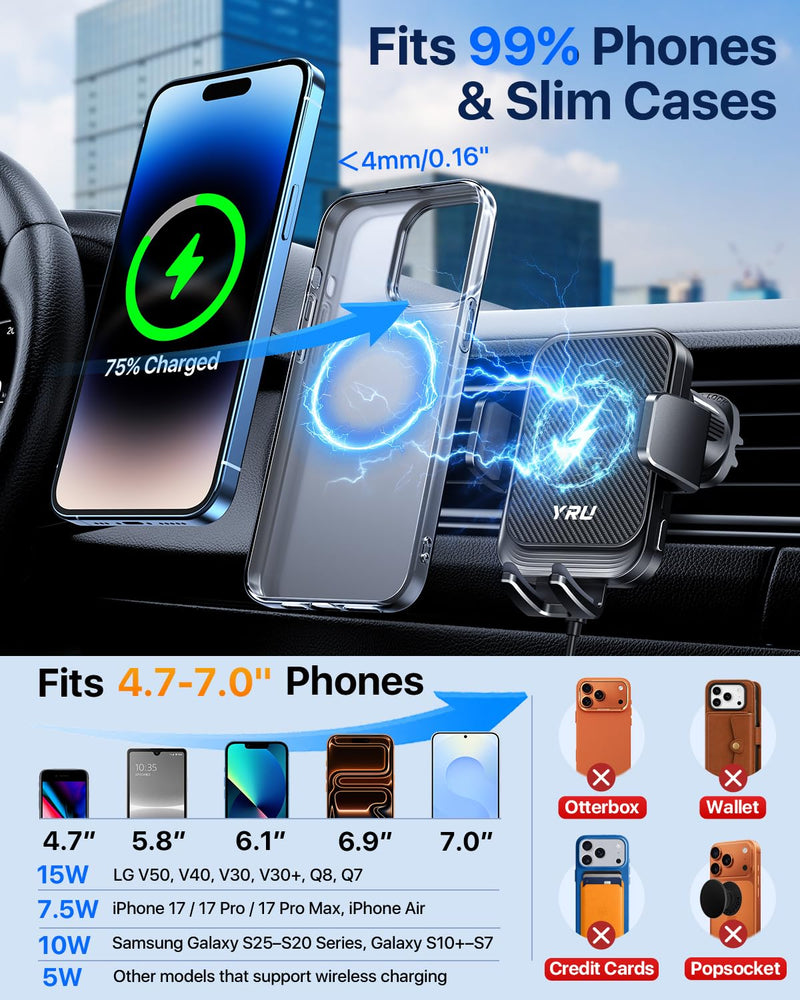 YRU 【Auto-Clamping & 90+LBS Strong Suction 15W Wireless Car Charger Mount | 【Military-Grade & Safety Certs】 Fast Charging Car Phone Holder, Windshield Dashboard Vent Cradle for iPhone 17 16 Pro, Black Dark Black