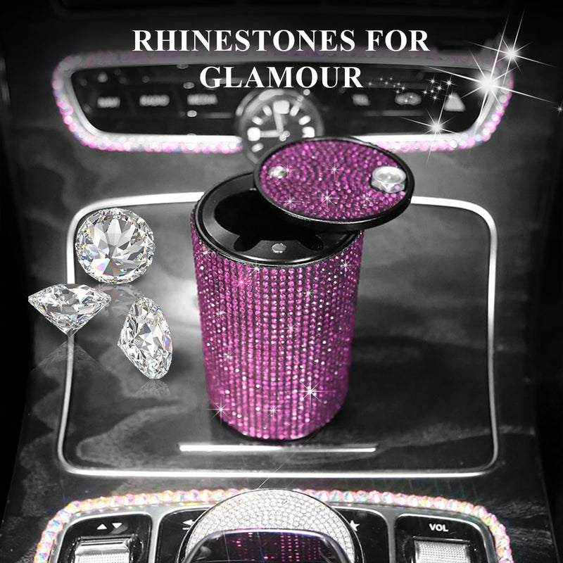 Bling Car Ashtray, Rhinestones Auto Mini Car Ashtray Portable with Lid Smell Proof, Smokeless Vehicle Cigarette Ashtray Ash for Women, Universal Interior Car Accessories (Pink) Pink