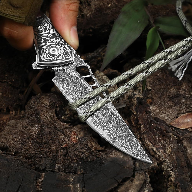 DRACHENADER Damascus Pocket Knife for Men with Clip and Leather Sheath, Handcrafted 67-Layer Damascus Steel Folding knife, Wood Handle, Ideal Gift for Father & Collector 3.4"