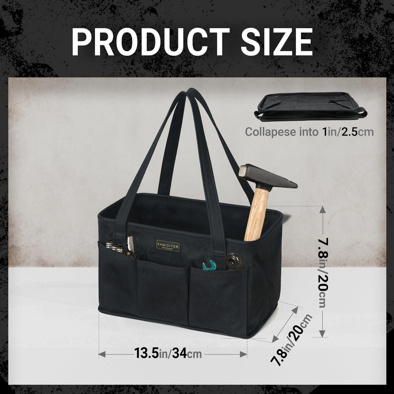 Tool Pouch, Heavy Duty 16oz Waxed Canvas Tool Bag, Rectangle Foldable Open Top Tool Bags with Handles, 7 Pockets | 13.5 x 7.8 x 7.8 Inches Black 13.5 Inch