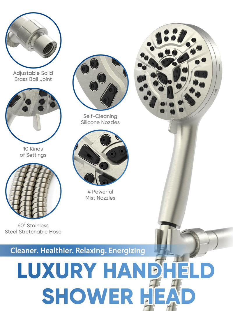 High Pressure Handheld Shower Head with Filter, 10 Spray Modes, Classic Nickel
