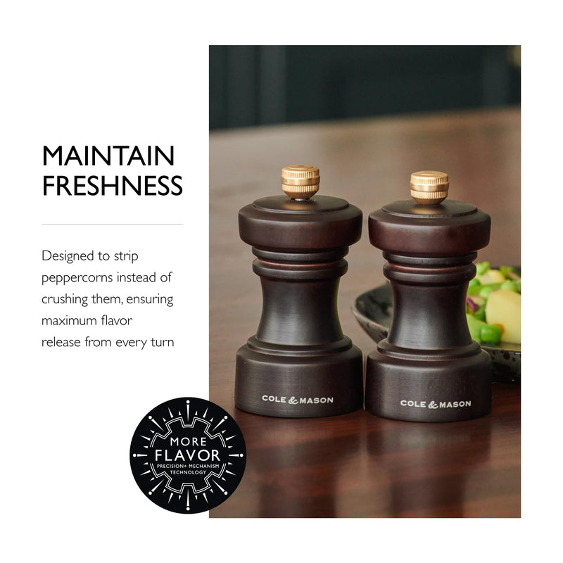 Cole & Mason Hoxton Mill - Table Black Pepper Grinder - Refillable Peppercorn Grinder - Kitchen & Home Accessory - Pepper Mill with Carbon Steel Mechanism - 4'', Chocolate Wood