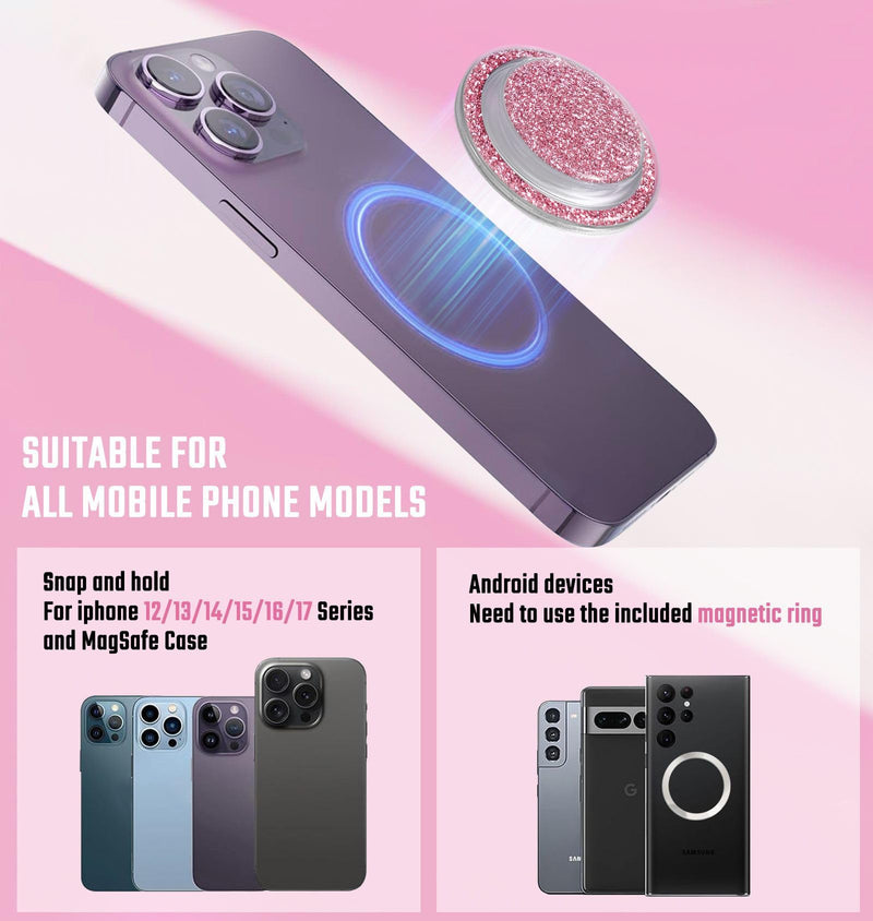 Magnetic Glitter Phone Holder Compatible with Phones, Foldable Phone Grip Stand for Magsafe Smartphones, Tablet,Phone Case - Transparent Pink Sparkly