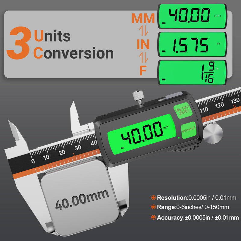 Digital Caliper, Type-C Rechargeable Stainless Steel Vernier Caliper, F/MM/in Conversion, Large LCD, USB Charging Digital Caliper Measuring Caliper for DIY, Woodworking & Professional Use (Black) Black