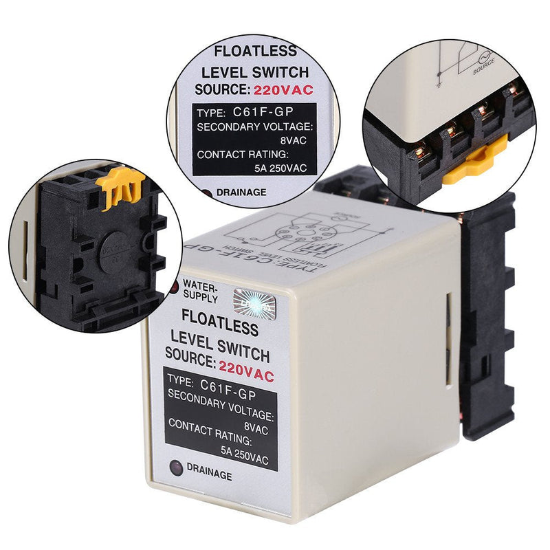 Liquid Water Level Sensor, Floatless Level Switch, C61F-GP AC220V 50HZ/60HZ Liquid Level Controller with Base for Water Industry