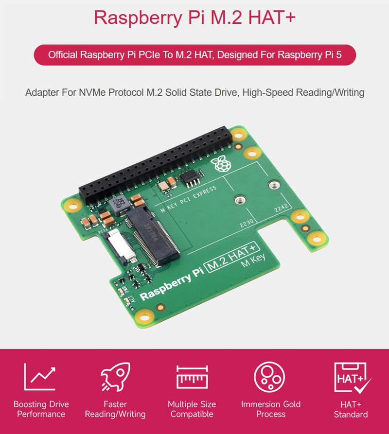 Official Pi PCIe to M.2 HAT for Raspberry Pi 5, HAT + Standard, Supports NVMe Protocol M.2 Solid State Drive 2230/2242 High-Speed Reading/Writing