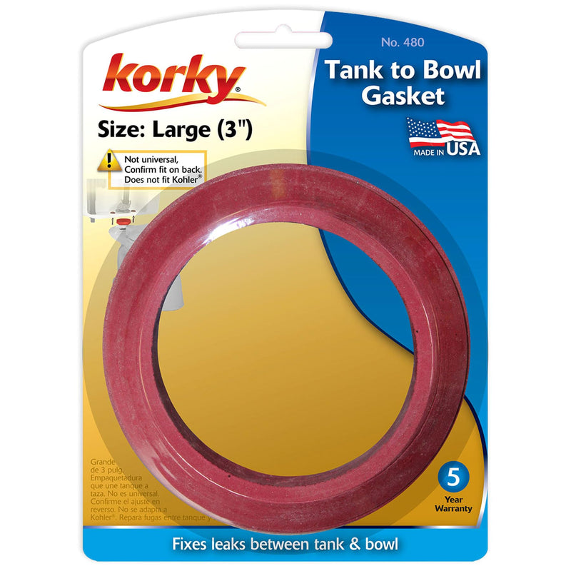 Korky 480BP Universal Toilet Tank To Bowl Gasket - Fits Most 3-Inch, 2-Piece Toilet Tanks - Made in USA , Red Large (3")