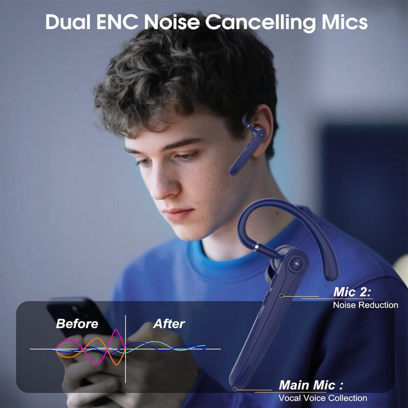 Atheewon Bluetooth Headset, Wireless Bluetooth Earpiece, Blue | ENC Noise Canceling Mic, 120Hrs Talk, LED Display, IPX7, V5.4 Hand-Free Earphone for Business/Trucker/Driver
