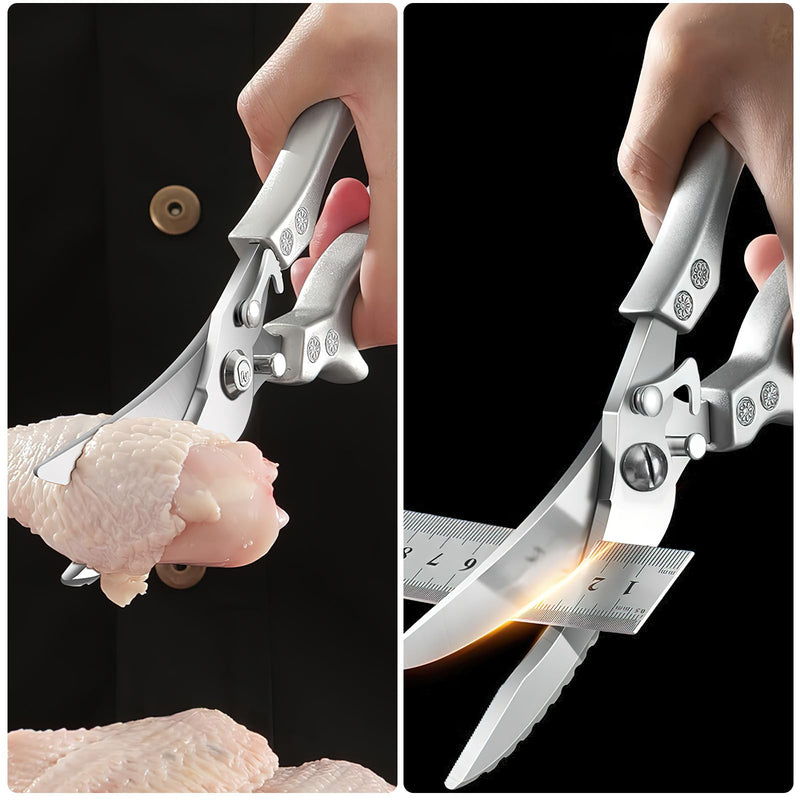 Poultry Shears Heavy Duty Professional, Multipurpose Kitchen Shears with Sheath, Spring-Loaded Stainless Steel Chef Scissors Cutting Bone, Chicken, Fish, Food, Meat, Full Steel Handle Silver