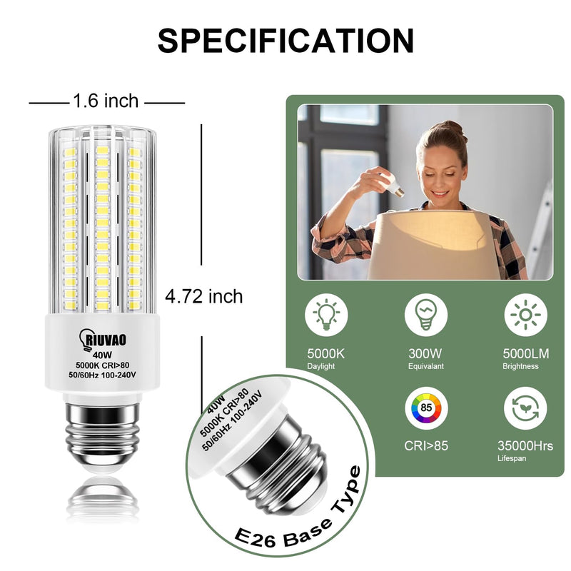 RIUVAO 4pcs LED Light Bulb 5000LM 300w Equivalent Super Bright 5000K Cool Daylight White 40W LEDs Bulb E26/E27 Medium Base for Outdoor Indoor Home Garage Backyard LED Corn Light Bulb White Light
