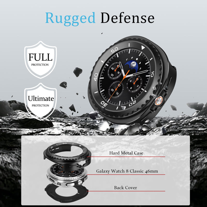 Amizee Metal Case Compatible with Samsung Galaxy Watch 8 Classic Case 46mm, Rugged Protective Bumper with Back Cover Resistant Protection Cover for Galaxy Watch 8 Accessories, Black/White