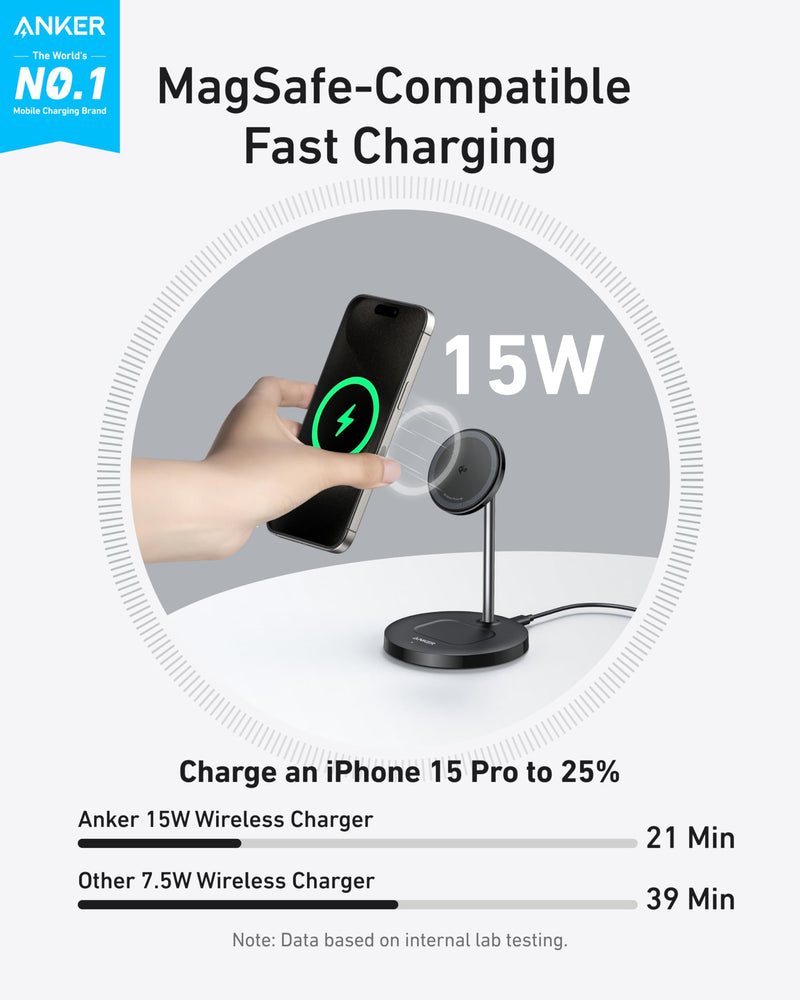 Anker MagSafe Charger Stand Compatible, MagGo 2-in-1 Charging Station, 【Upgraded】 Qi2 Certified 15W Wireless Charger Stand, for iPhone 15/14/13/12, AirPods Pro Black