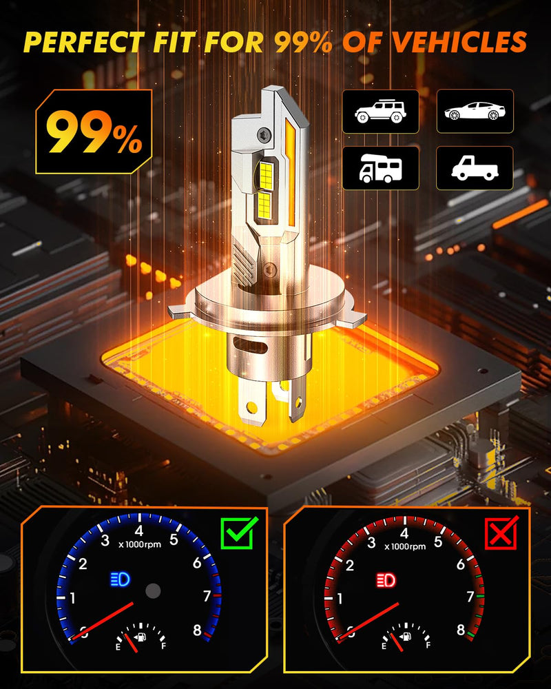 Upgraded H4/9003/HB2 Bulbs, 50,000LM 10X Ultra Bright, Real 1:1 Mini Size, 6500K Cool White H4 9003 Fog Lights Bulb with Cooling Fan, IP68 Waterproof, Plug and Play, Pack of 2