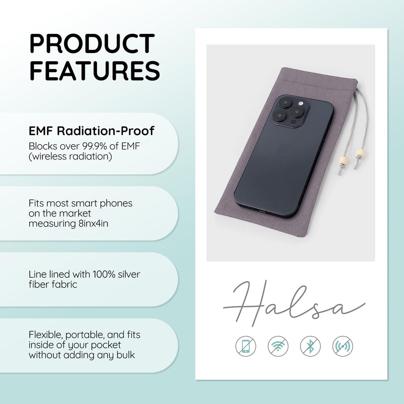 HALSA EMF Protection Phone Sleeve, EMF Blocking Carrying Case, Cell Phone Pouch. High Shielding Efficiency, Fits in Pocket or Purse. Fits Most Phones. 4"x 8" Size. Grey