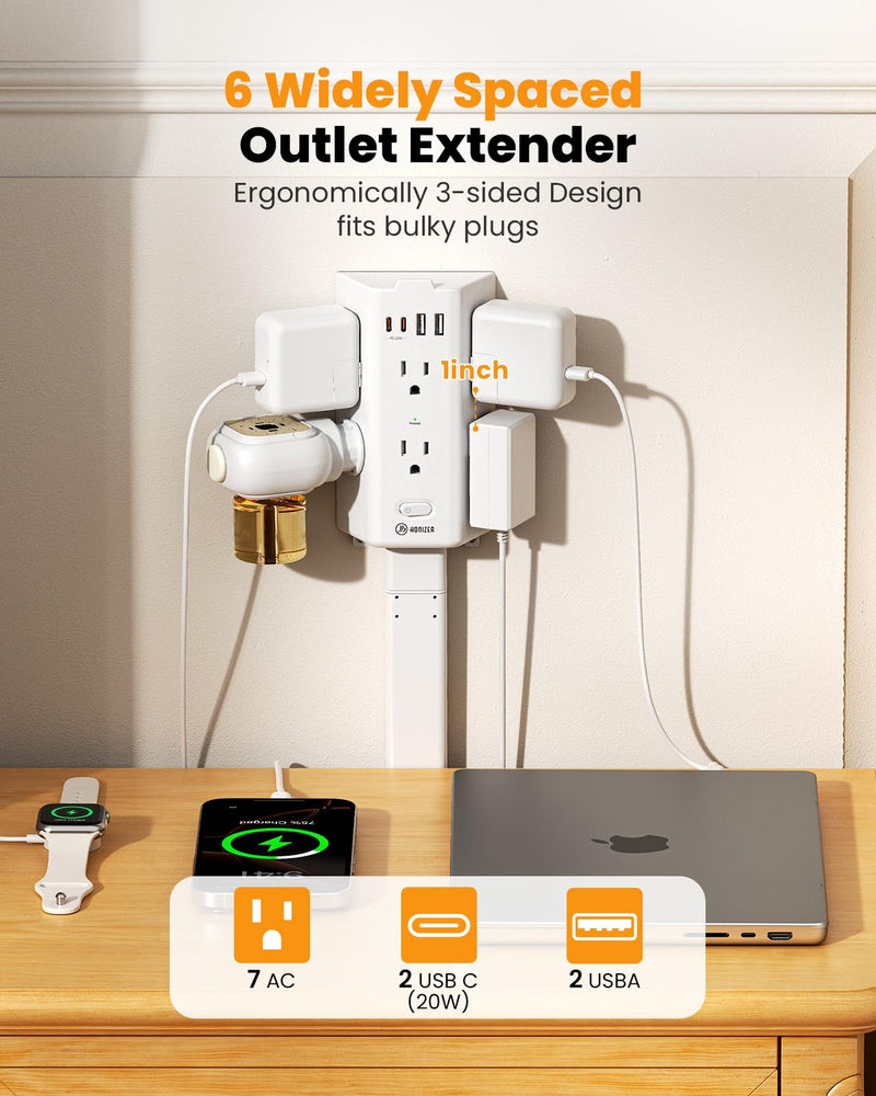 Flat Outlet Extender Stick,6 Widely Outlets,20W USBC,Extendable 11.6"-35.4" | Adjustable Wall Outlet for Behind Couch Bed TV Dresser Desk Dorm,3 Side Plug Outlet&Phone Ledge,Sag-Free 4 Way Fixed